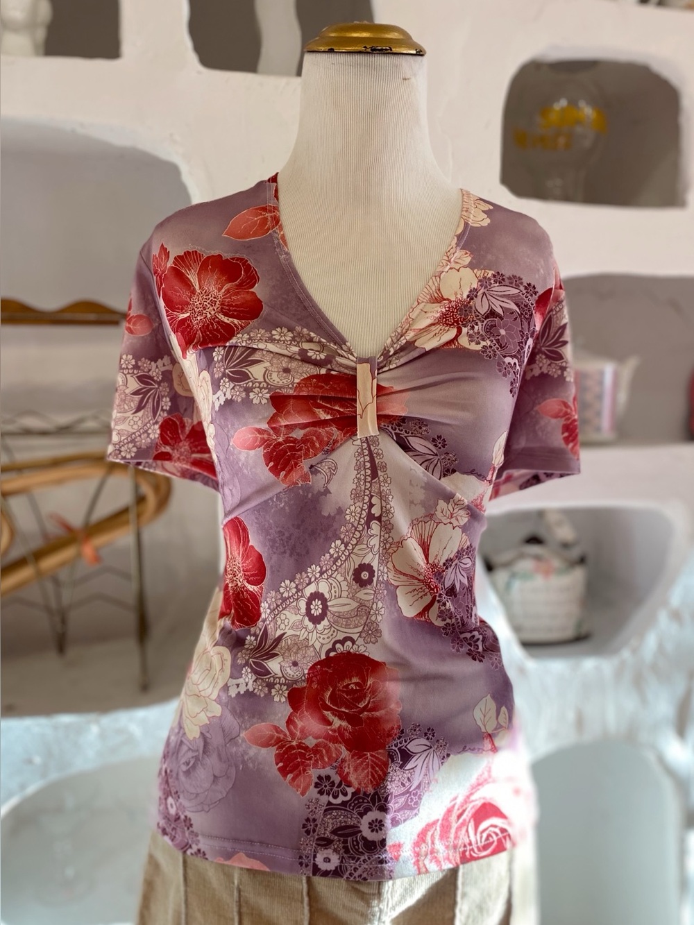 Y2K Vintage Stretchy Purple & Pink Floral Short Sleeve Tee with Cinched Bust